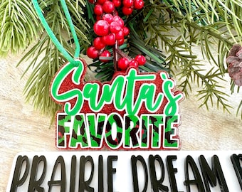 Handmade Acrylic Santa Ornament: Red, Green & Animal Print