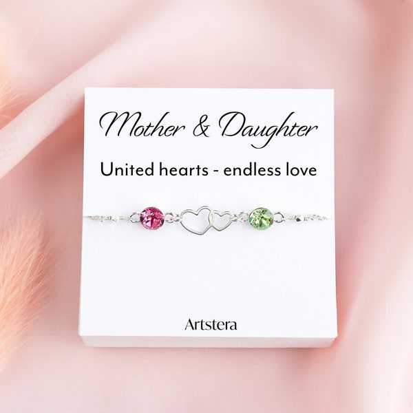Mother Daughter Birthstone Bracelet, Sterling Silver Two Heart Bracelet, Birthday Gift Idea, Mother's Day Present