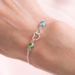 Double Heart Two Birthstone Bracelet, Mother and Daughter, Granny and Granddaughter, Big Sister and Little Sister