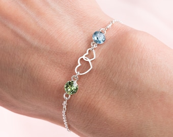 Double Heart Two Birthstone Bracelet, Mother and Daughter, Granny and Granddaughter, Big Sister and Little Sister