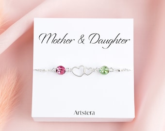 Sterling Silver Mother Daughter Bracelet: Two Heart Birthstone Keepsake