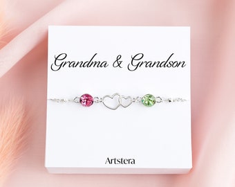 Grandma Grandson Double Heart and Birthstone Bracelet, Custom