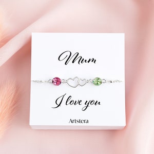 Mum I Love You, Personalised Bracelet For Mum, Two Heart, Two Birthstone Bracelet Gift For Mother, Mothers Day, Mother Daughter Bracelet