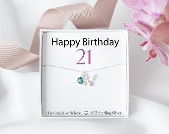 May include: A white gift box with a silver necklace inside. The box has the text "Happy Birthday 21" on the front and "Handmade with love 925 Sterling Silver" on the bottom.