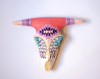 Ala del Desierto- Huichol Wixarika Bull Skull – Yarn Wrapped Wall Art with Wings – Mexican Folk Art Sculpture
