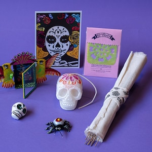 Puede incluir: Una colección de artículos que incluye una tarjeta con una ilustración de calavera, un paquete rosa etiquetado Palomitas de Papel, un espejo pequeño con colibríes, una vela de calavera blanca, una figura de calavera, una figura de araña y varitas de incienso.