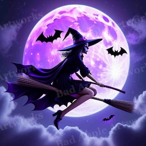 May include: Digital art of a witch flying on a broomstick in front of a large purple moon. The witch wears a black hat, dress, and cape. Bats are silhouetted against the moon and clouds.