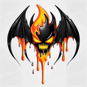 May include: A stylized illustration of a flaming skull with bat wings. The skull is black with yellow eyes and a jagged mouth. Orange and yellow flames emanate from the top, with dripping orange accents.