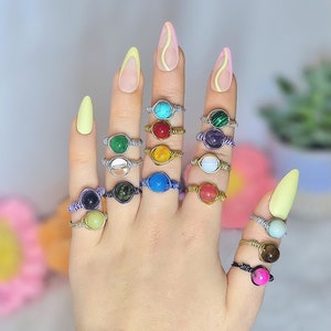 BUY 2 GET 1 FREE! Wire Wapped Crystal Ring, Unique Gemstone Ring, Healing Crystal Ring, Hippie Ring, Round Bead Ring, Rings for Women