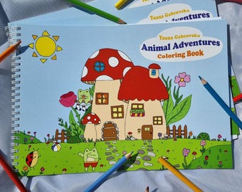 Coloring Book 'Animal Adventures',  23 Pages, Kids and Adults Coloring Book, Heavy Weight Cardstock , Anti Stress Coloring