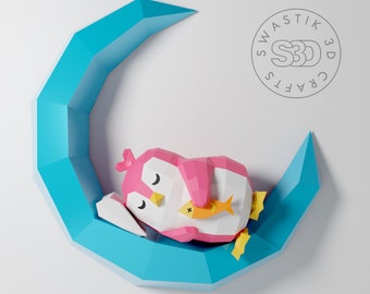 Penguin on Moon Papercraft Template: 3D Lowpoly (pdf, svg, dxf, eps)