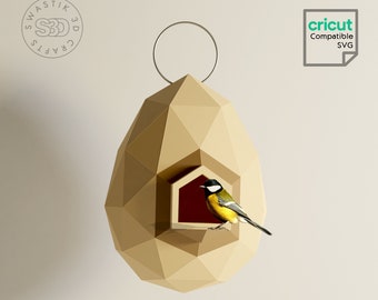 Lowpoly Birdhouse 3D Papercraft Template: Cricut SVG, Pepakura (PDF)