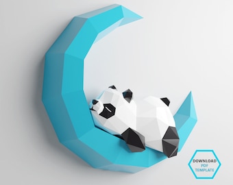 PDF Template of Panda on Moon/Sleeping Panda/Papercraft/3D Papercraft/Lowpoly Panda/Origami Papercraft/Pepakura 3D Craft/Wall Decor/3D model