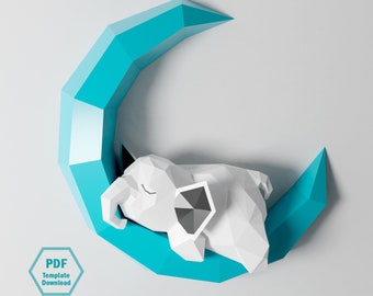 PDF Template of Elephant On Moon/ Sleeping Elephant/ Papercraft / 3D Papercraft / Lowpoly Moon / Fawn on Moon / Luna/ Origami/Craft Template