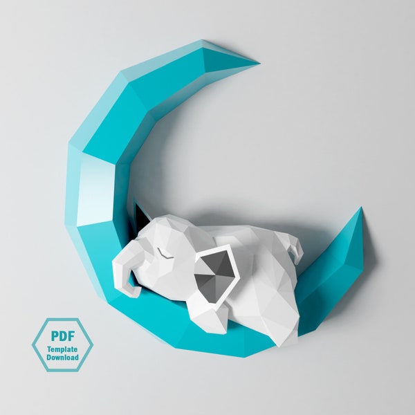 Modèle PDF de Elephant On Moon/ Sleeping Elephant/ Papercraft / 3D Papercraft / Lowpoly Moon / Fawn on Moon / Luna/ Origami/Craft Template