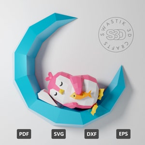 PDF Template of Penguin on Moon / Penguin on Moon Papercraft Template / Penguin Pepakura/ 3D Papercraft template / Lowpoly Papercraft / SVG