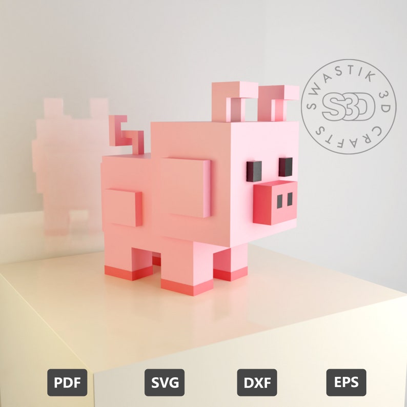 Papercraft 3d Template of Pig , Lowpoly 3D Pig , Papercraft Template , Voxel Art , Pepakura Template , DIY Birthday decoration , SVG files 画像 2