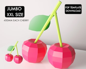 PDF Template of JUMBO XXL Size Cherry Fruit / Lowpoly Cherry / Cherry Papercraft/ 3D Fruit Papercraft /Frut Decoration