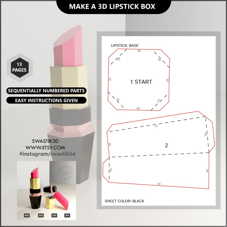 PDF Template of 3D Lipstick Gift Box Papercraft 3D Etsy España