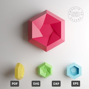 May include: A pink, 3D, geometric, hexagonal shape with a star-like pattern in the center. The shape is shown in four different file formats: PDF, SVG, DXF, and EPS. The image also includes the logo for Swastik 3D Crafts.