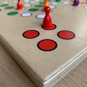 Puede incluir: Un tablero de juego de madera con piezas de juego rojas, naranjas, verdes y moradas. El tablero de juego tiene un patr&oacute;n de cuadr&iacute;cula con c&iacute;rculos blancos y verdes. Hay tres c&iacute;rculos rojos en la esquina inferior derecha del tablero.