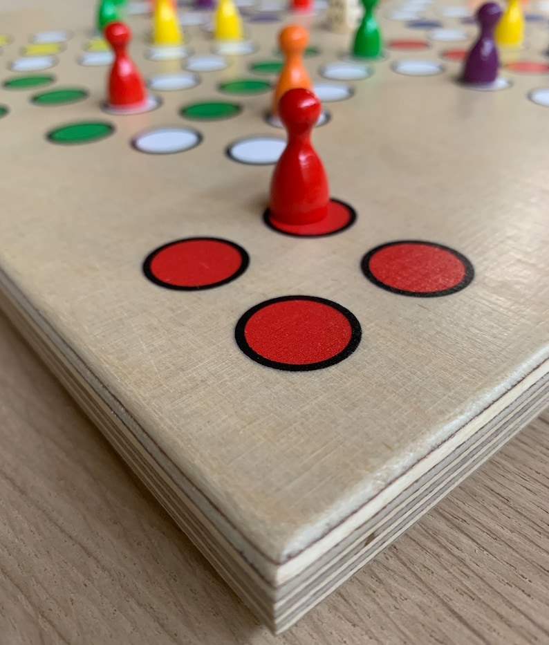 Puede incluir: Un tablero de juego de madera con piezas de juego rojas, naranjas, verdes y moradas. El tablero de juego tiene un patr&oacute;n de cuadr&iacute;cula con c&iacute;rculos blancos y verdes. Hay tres c&iacute;rculos rojos en la esquina inferior derecha del tablero.