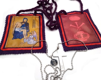 Marie-Julie Jahenny, Purple catholic Scapular, FORGIVENESS cross and Good Counsel Medal, Benediction and Protection. To hang in the WALL