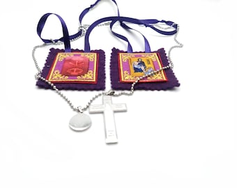 On Sale- Marie-Julie Jahenny, Purple catholic Scapular, FORGIVENESS cross and Good Counsel Medal, Benediction and Protection. WEARABLE