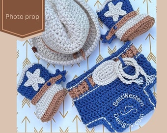 Crochet Baby Cowboy Outfit with Hat, Booties & Diaper Cover Photo Prop for newborn