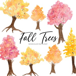 May include: Watercolor clipart of seven fall trees in various shades of yellow, orange, and pink. The trees are isolated on a white background. The text "Fall Trees Watercolor PNG Clipart" is written below the trees.