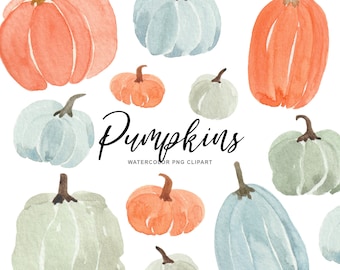 May include: Watercolor illustrations of pumpkins in various shades of orange and blue. The pumpkins are arranged in a random pattern on a white background. The text "Pumpkins Watercolor PNG Clipart" is written in black below the pumpkins.