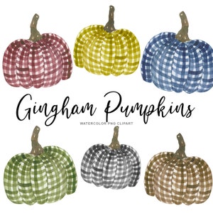 May include: Six watercolor painted gingham pumpkins in various colors, including red, yellow, blue, green, gray, and brown.  The pumpkins are all in a gingham pattern and have a white background.  The text "Gingham Pumpkins" is written in black cursive below the pumpkins.  The text "WATERCOLOR PNG CLIPART" is written in black below the text "Gingham Pumpkins".