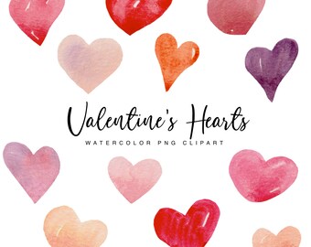 May include: A set of 10 watercolor hearts in various shades of pink, red, orange, and purple. The hearts are arranged in a scattered pattern on a white background. The text "Valentine's Hearts Watercolor PNG Clipart" is written below the hearts.
