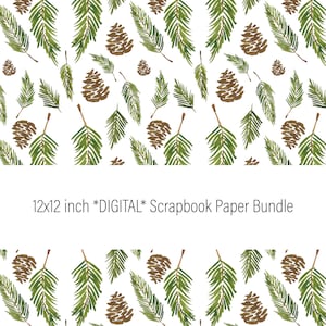 May include: A digital scrapbook paper bundle featuring a repeating pattern of green pine branches and brown pine cones on a white background. The text "12x12 inch *DIGITAL* Scrapbook Paper Bundle" is at the bottom of the image.