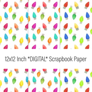 Peut inclure: Quatre papiers numériques pour scrapbooking avec un motif répétitif d'ampoules colorées sur fond blanc. Le texte "12x12 Inch *DIGITAL* Scrapbook Paper" est en bas de l'image.