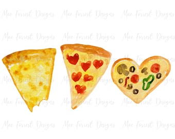 May include: Watercolor illustration of three pizza slices. One is plain, another has heart-shaped pepperoni, and the third is heart-shaped with toppings like mushrooms, olives, and peppers. The image has a white background.