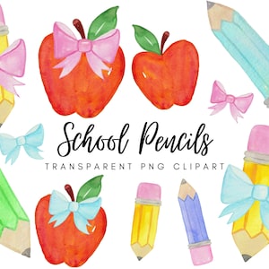 Aquarelle, crayons d'école & pommes Clip Art - téléchargement numérique PNG transparent retour à l'école graphiques - usage personnel commercial