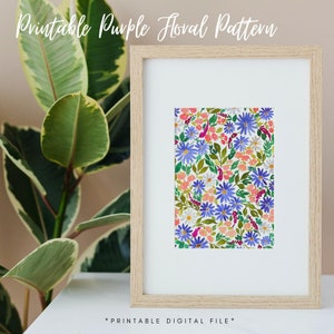 May include: A printable digital file featuring a floral pattern with purple, pink, white, and green flowers on a white background. The pattern is framed in a light wood frame.