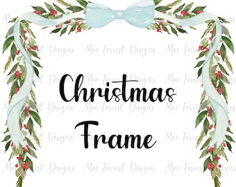 Può includere: Una cornice natalizia ad acquerello con un fiocco blu e una ghirlanda verde con bacche rosse. Il testo "Christmas Frame" è scritto in nero.