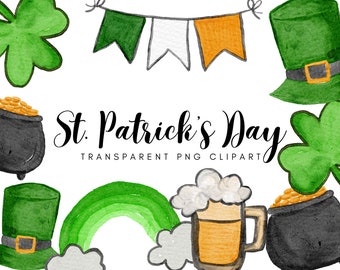 Watercolor St. Patrick’s Day Clipart - Rainbow, Shamrock, Pot of Gold Transparent PNG Instant Download Graphics - Personal Commercial Use