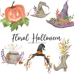 May include: A set of watercolor illustrations featuring Halloween themed elements with floral accents. The set includes a pumpkin, a witch's hat, a cauldron, a boot, and a witch's hat with a floral wreath. The illustrations are in a whimsical style and are perfect for adding a touch of Halloween magic to your projects.