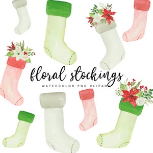 Watercolor Christmas Floral Stockings - Poinsettia Flower Red Green and White Transparent PNG Graphics - Personal Commercial Use