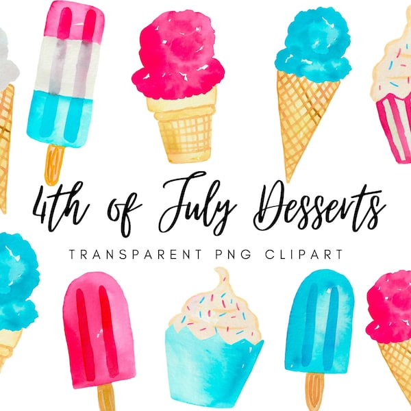 Watercolor 4th of July Desserts Clipart - Transparent Independence Day Summer Treats PNG Graphics - Personal Commercial Use