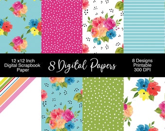 Watercolor Flowers Digital Scrapbook Paper Pack - Digital Paper Designs - Commercial Personal Use