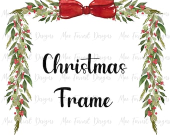 Può includere: Un'illustrazione ad acquerello di una cornice natalizia con un fiocco rosso e una ghirlanda verde con bacche rosse. Il testo "Christmas Frame" è scritto in corsivo nero.