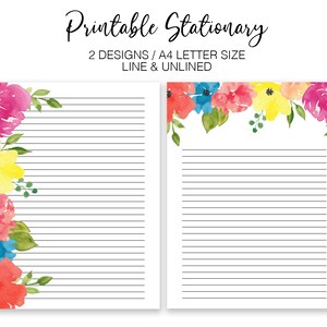 Bright Flowers Letter Size Watercolor Printable Stationary - Floral Graphics Print At Home Paper - Personal Commercial Use
