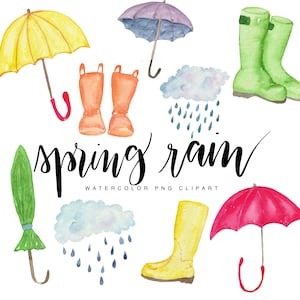 May include: Watercolour clipart set featuring spring rain themed illustrations. Includes umbrellas, rain boots, clouds, and raindrops in various colours. The text "spring rain" is written in black cursive.
