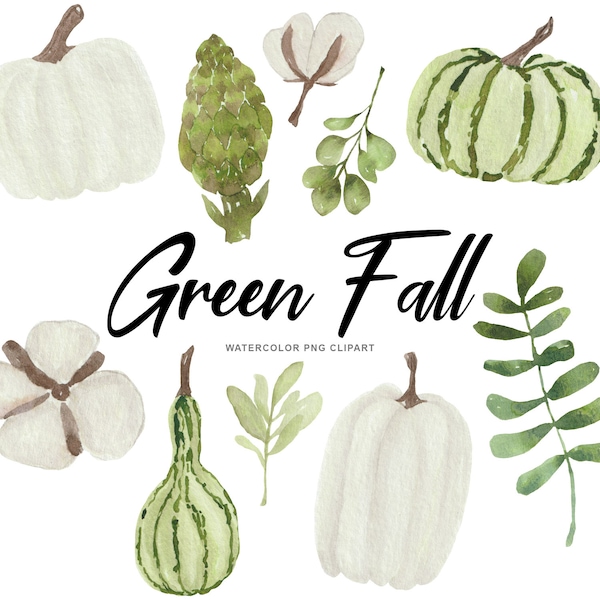 Watercolor Fall Pumpkin Gourd Clipart Bundle - Greenery Transparent Graphics - Personal Commercial Use