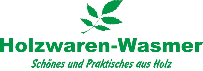 Puede incluir: Logotipo verde con una hoja estilizada y el texto "Holzwaren-Wasmer" en letras verdes en negrita. Debajo del logotipo se encuentra el texto "Sch&ouml;nes und Praktisches aus Holz" en una fuente cursiva.