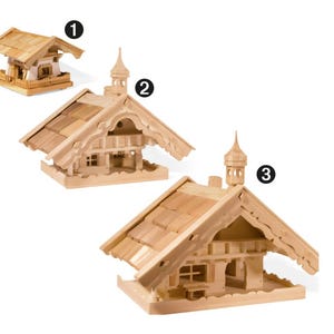May include: Three wooden birdhouses in different sizes, each with a unique design and a pointed roof. The birdhouses are made of natural wood and have a rustic, charming look.